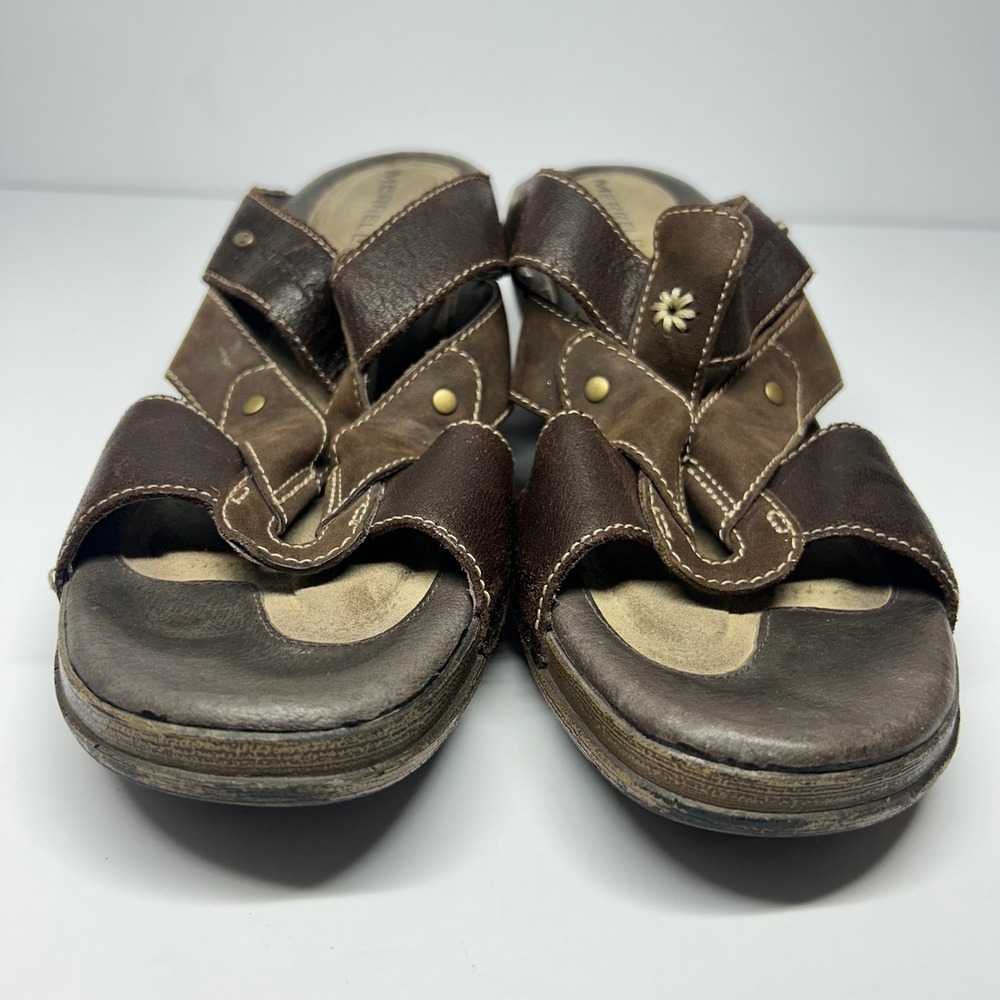Merrell Luxe Slide Coffee Brown Leather Wedge Sandals Womens Size 8 J89396